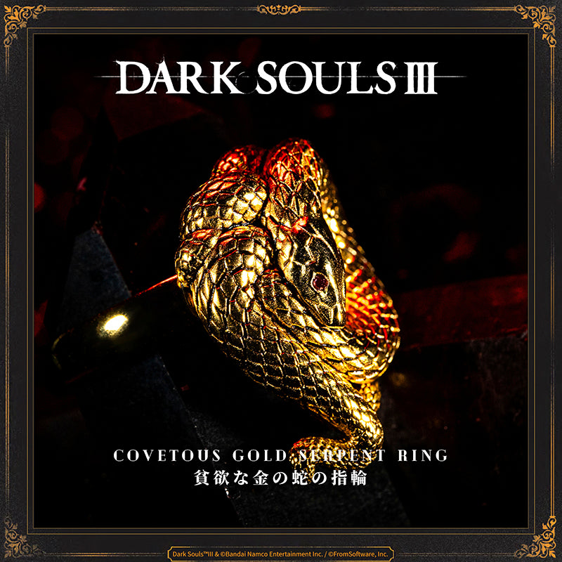 Covetous Gold Serpent Ring
A gold ring depicting a snake that could have been, but never was, a dragon. Fallen foes are more likely to drop items.  Snakes are known as creatures of great avarice, devouring prey even larger than themselves by swallowing them whole.  If one's shackles are cause for discontent, perhaps it is time for some good old fashioned greed.
PRODUCT PARAMETER
Brand: STARFORGED
Name: Covetous Gold Serpent Ring
Material: 18K Gold (Gold Version) / Brass (Brass Version)
Size: Hei